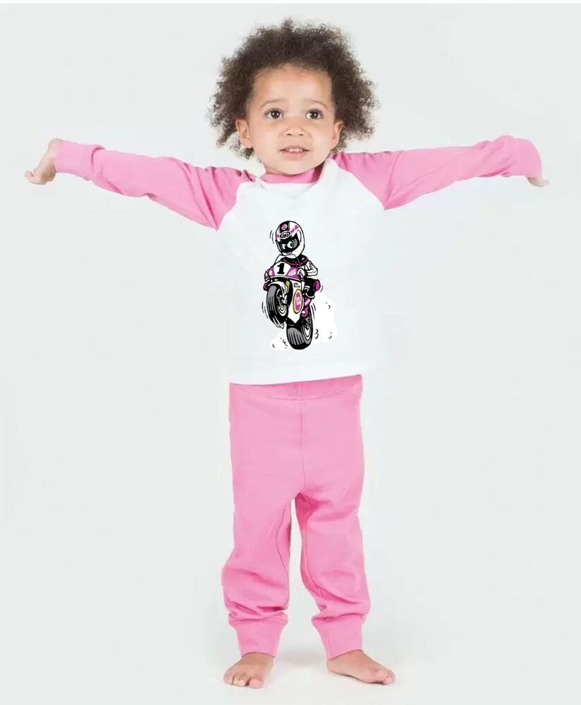 Motorcycle motorbike racing customise pink white pyjamas baby toddler kids set customise