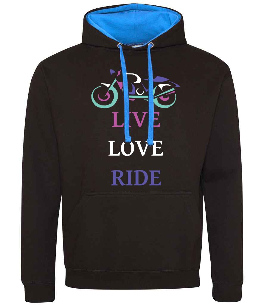 A. Lady girl women Live Love Ride biker motorcycle black blue contrast hoodie