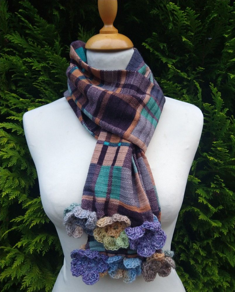 Posy Plaid Sand Bank  - Flower Trimmed Long Scarf