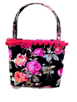 Rosa. : Medium large basket bag in heavyweight Designer cotton, double magnetic clasp placket closure, pompom trim.