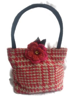 Bobbie: small/medium bag in Italian Designer Tweed, vintage Jaqmar handles and toning corsage
