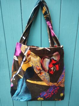 Bags of Style : Extra large Tote Bag in Stunning Deadstock Designer Dragonfly Velvet, lined with zipped pocket, magnetic clasp placket fastening.