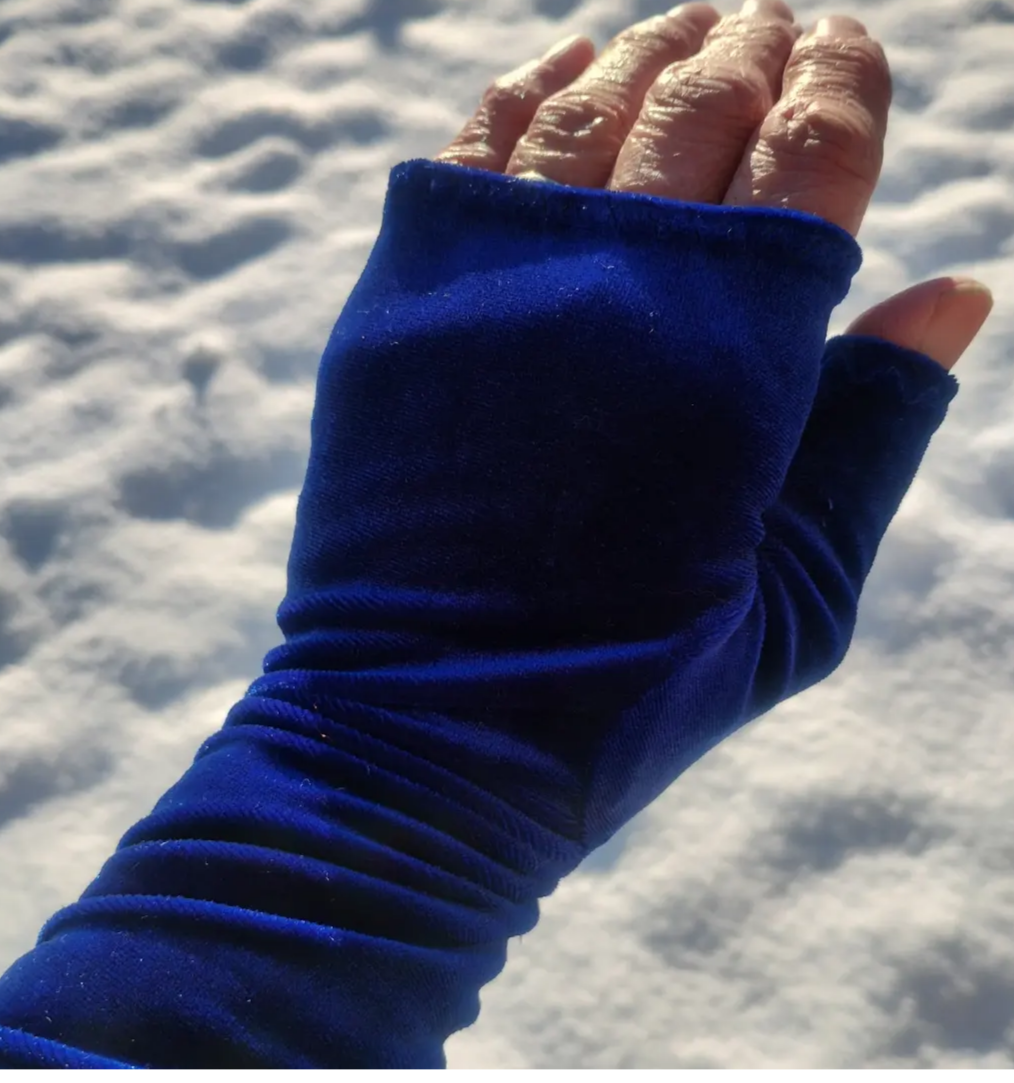 Fingerless Mittens : Sapphire Blue Long Length Stretch Velvet Elegant & Pra
