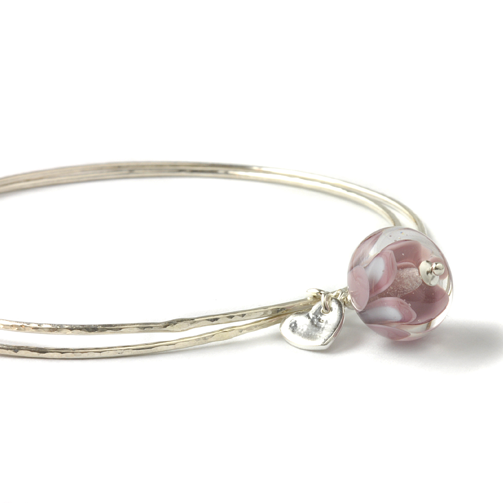 Pink Lampwork Sterling Silver Charm Bangles