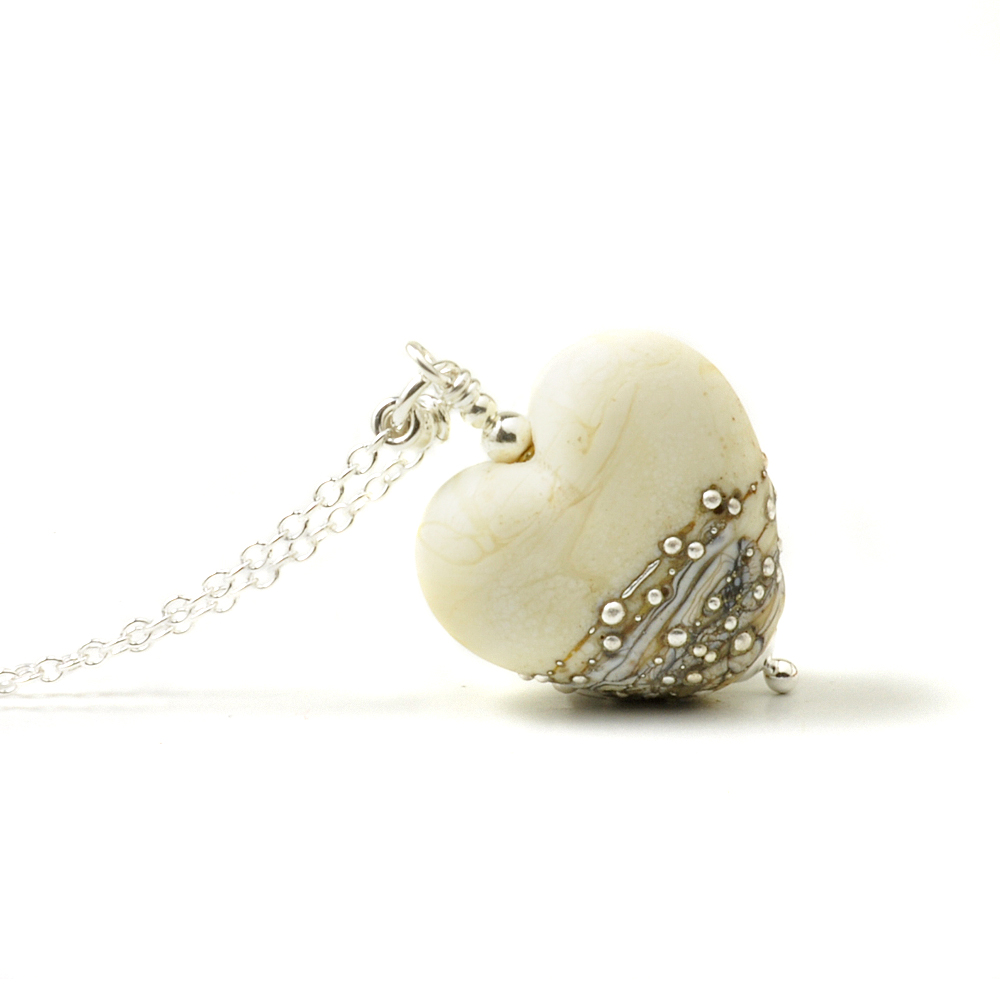 Silver Studded Ivory Glass Heart Necklace