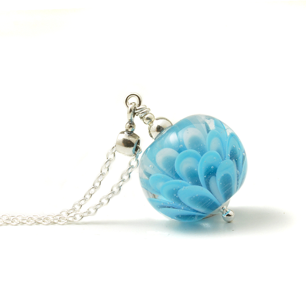 Sky Blue and Turquoise Small Glass Petal Pendant Necklace | Lampwork Jewell