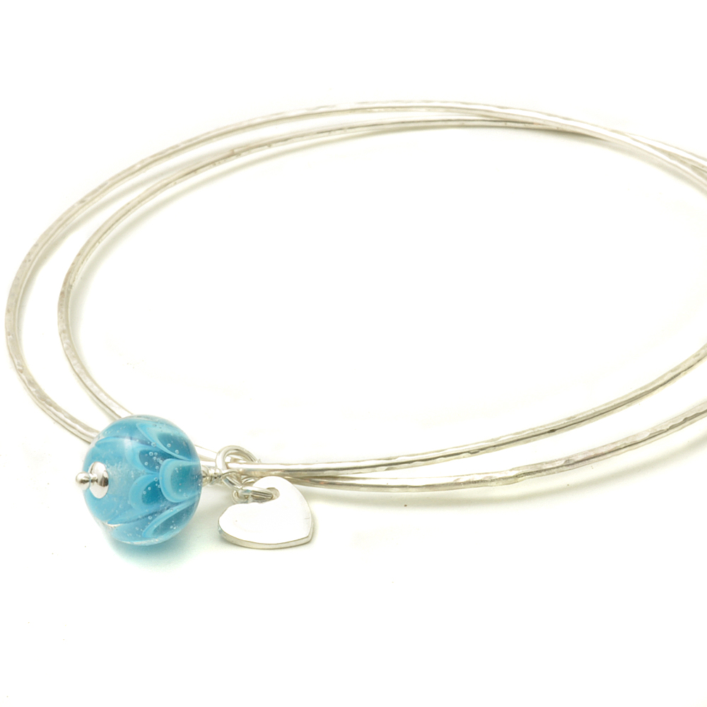 Sky Blue Petal Sterling Silver Charm Bangles