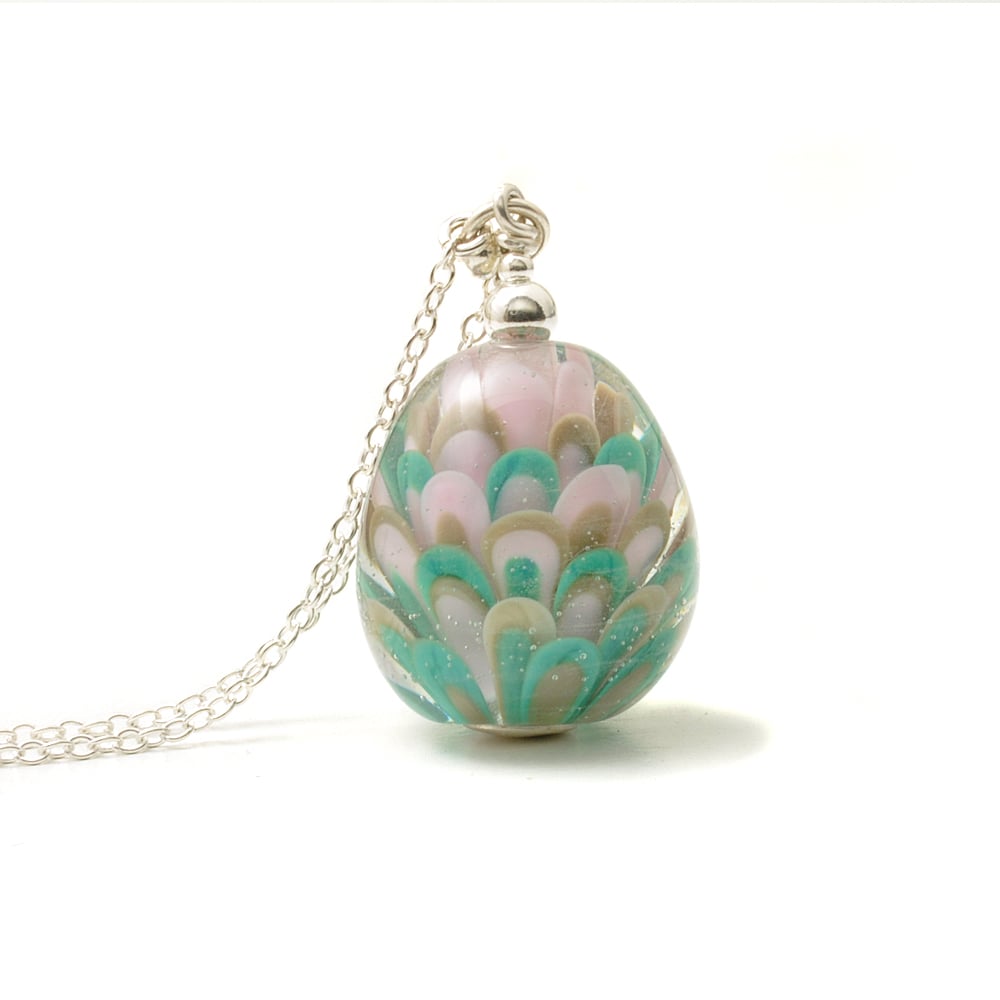 Teal Pink Long Glass and Silver Lampwork Necklace