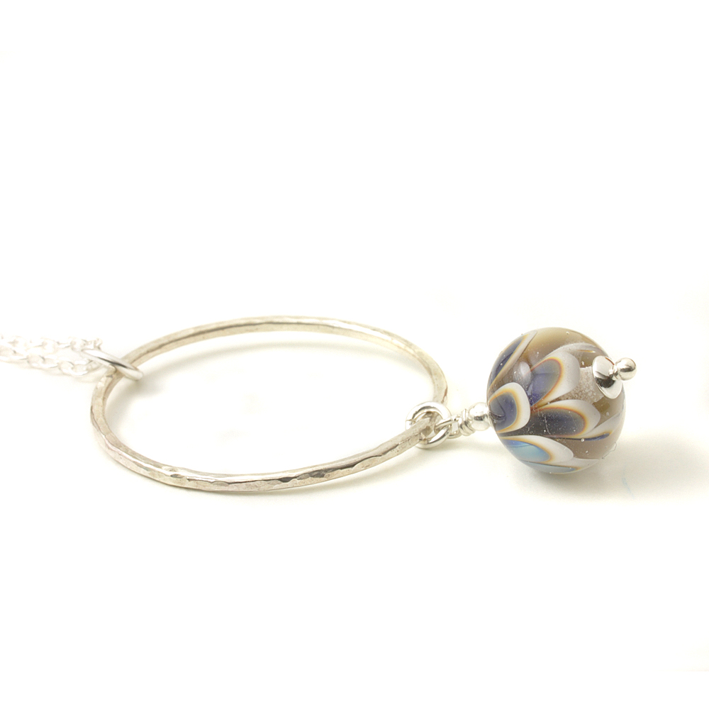 Blue Glass Petal Necklace with Hammered Silver Hoop