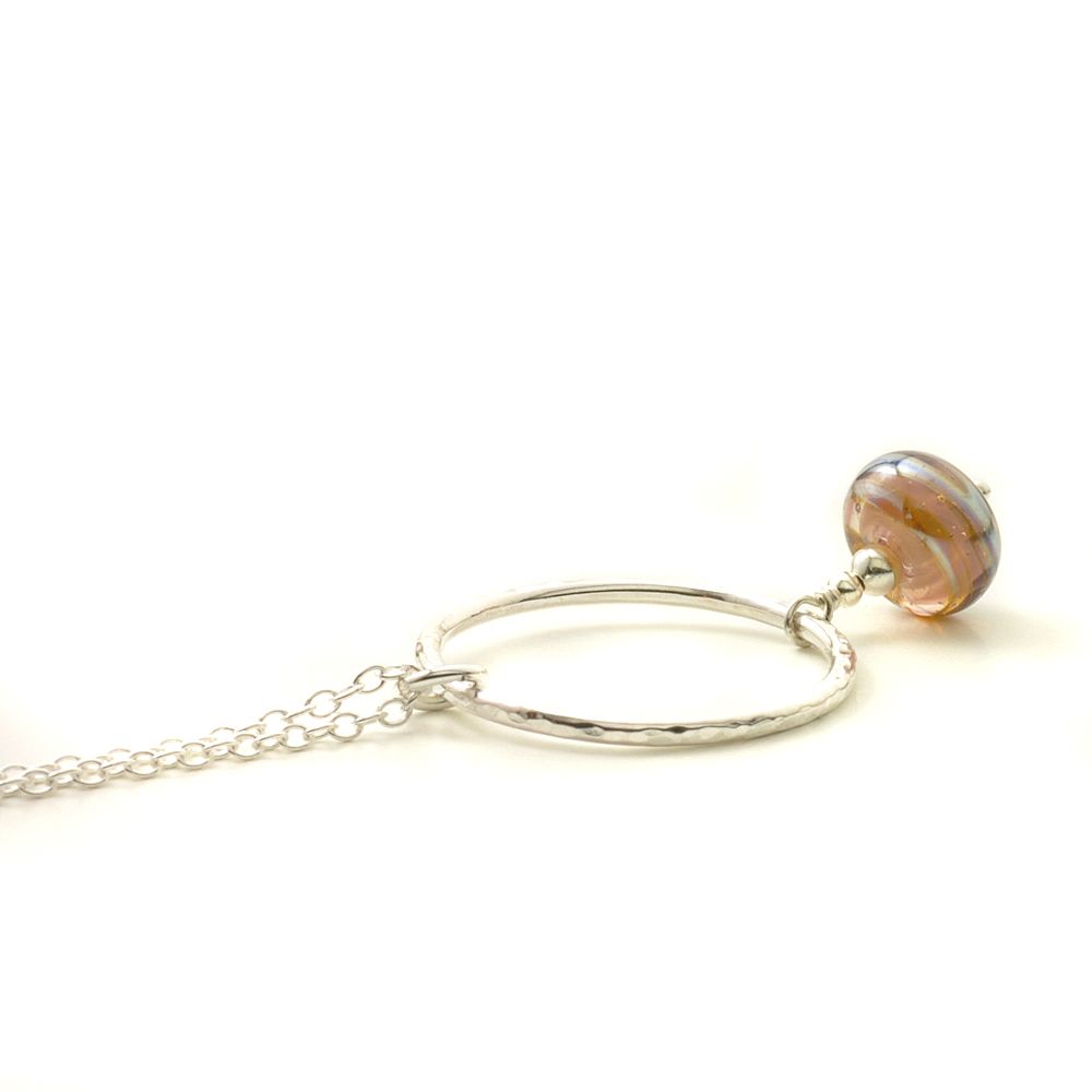 Blush Pink Lampwork Necklace with Hammered Silver Hoop
