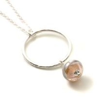 Blush Pink Lampwork Necklace with Hammered Silver Hoop