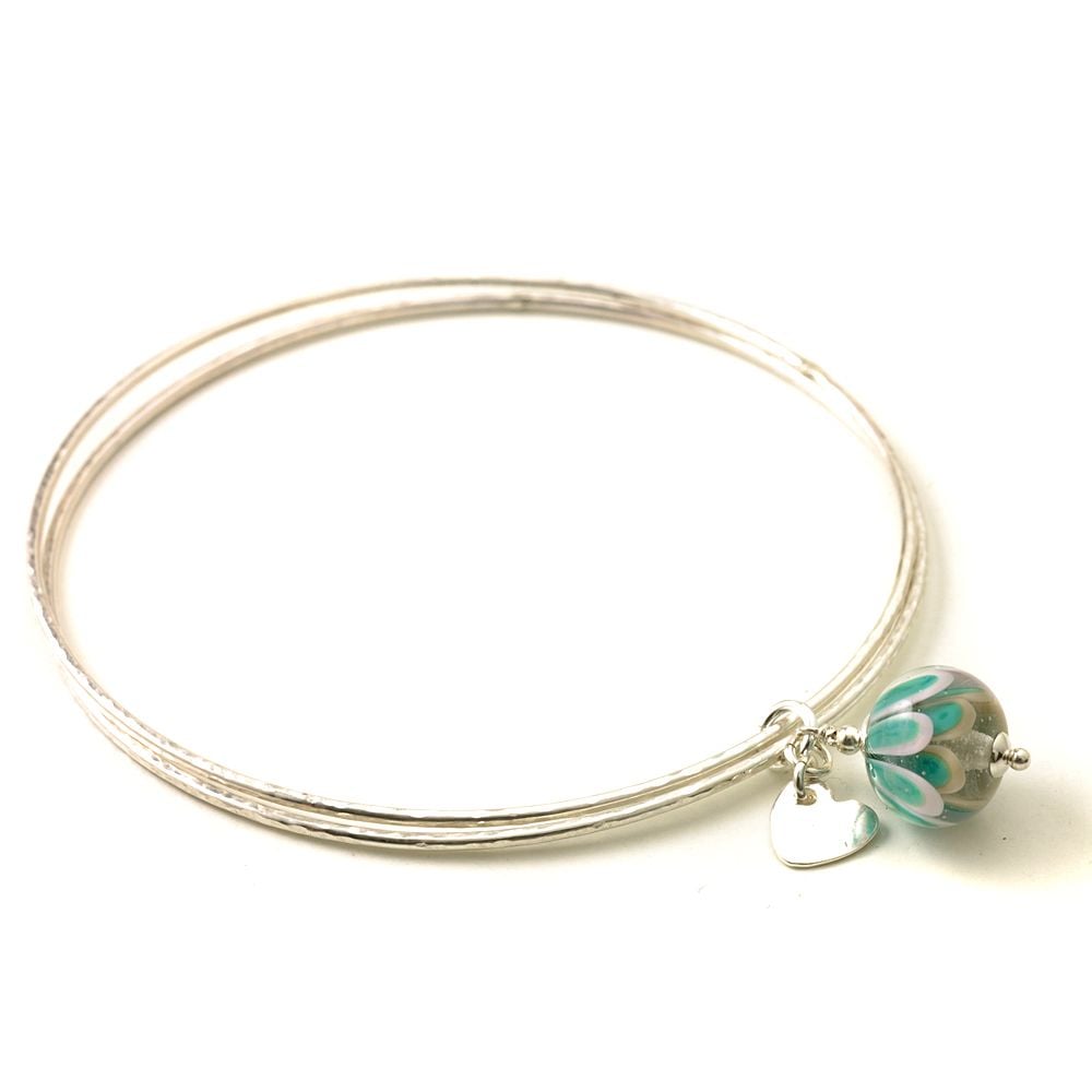 Pink and Teal Petal Sterling Silver Charm Bangles