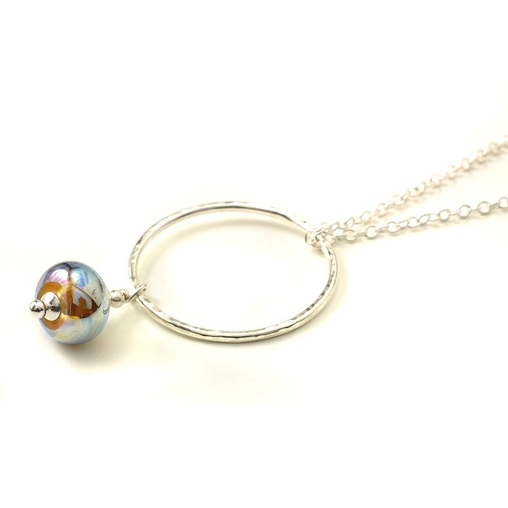 Metallic Lampwork Glass and Silver Hoop Necklace