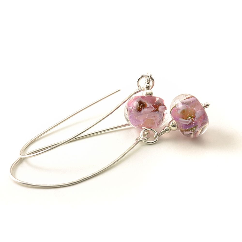 Pink Long Length Lampwork Glass Earrings