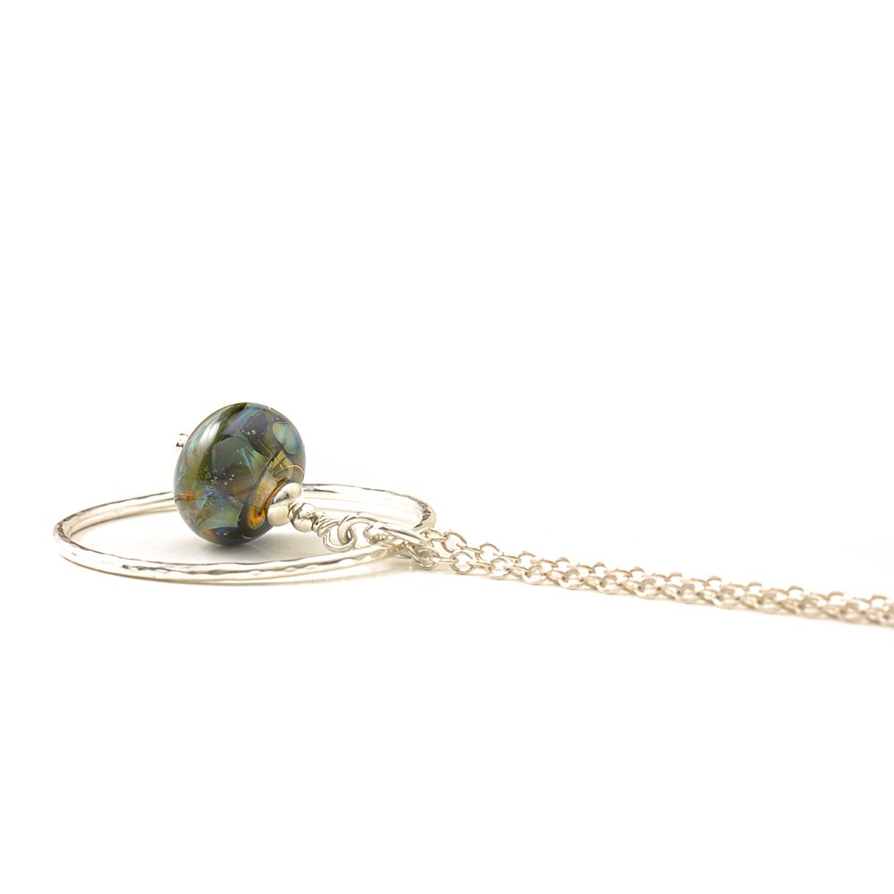 Deep Blue Green Lampwork Glass and Silver Hoop Necklace
