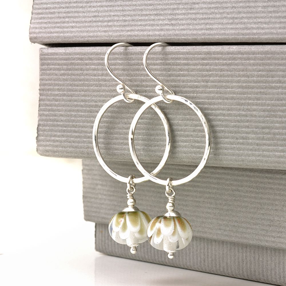 White and Gold Petal Drop and Silver Hoop Earrings