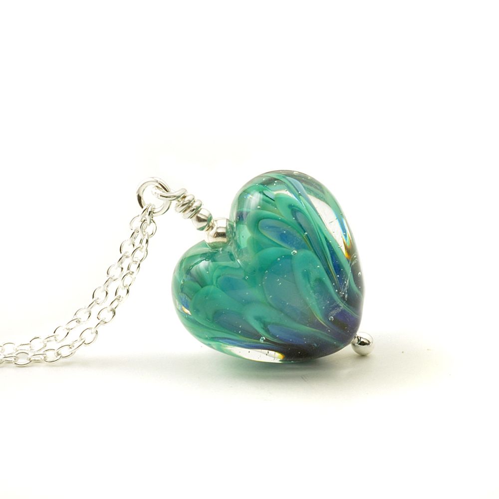Peacock Feather Lampwork Glass Heart Necklace
