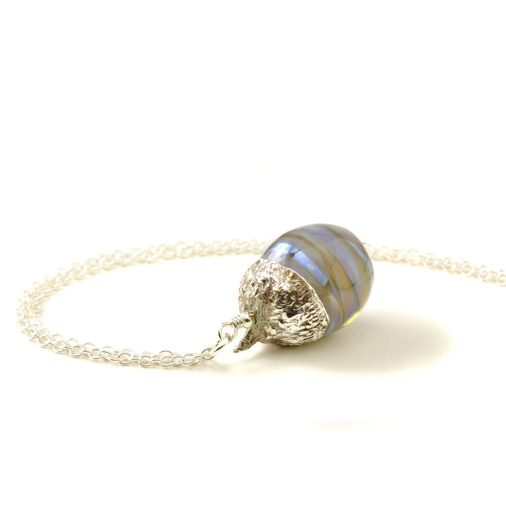 Silver and Blue Glass Acorn Necklace #02