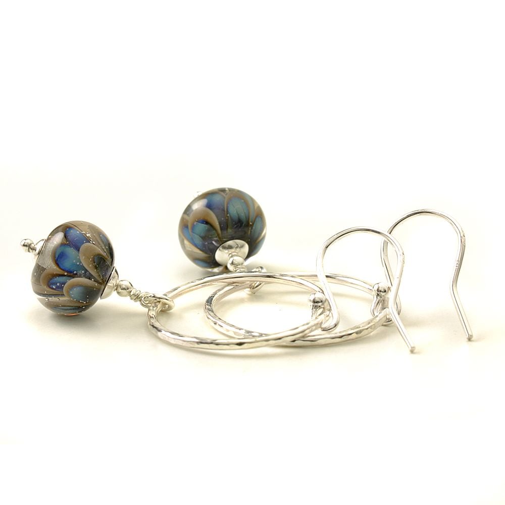 Grey and Blue Petal Drop and Silver Hoop Earrings