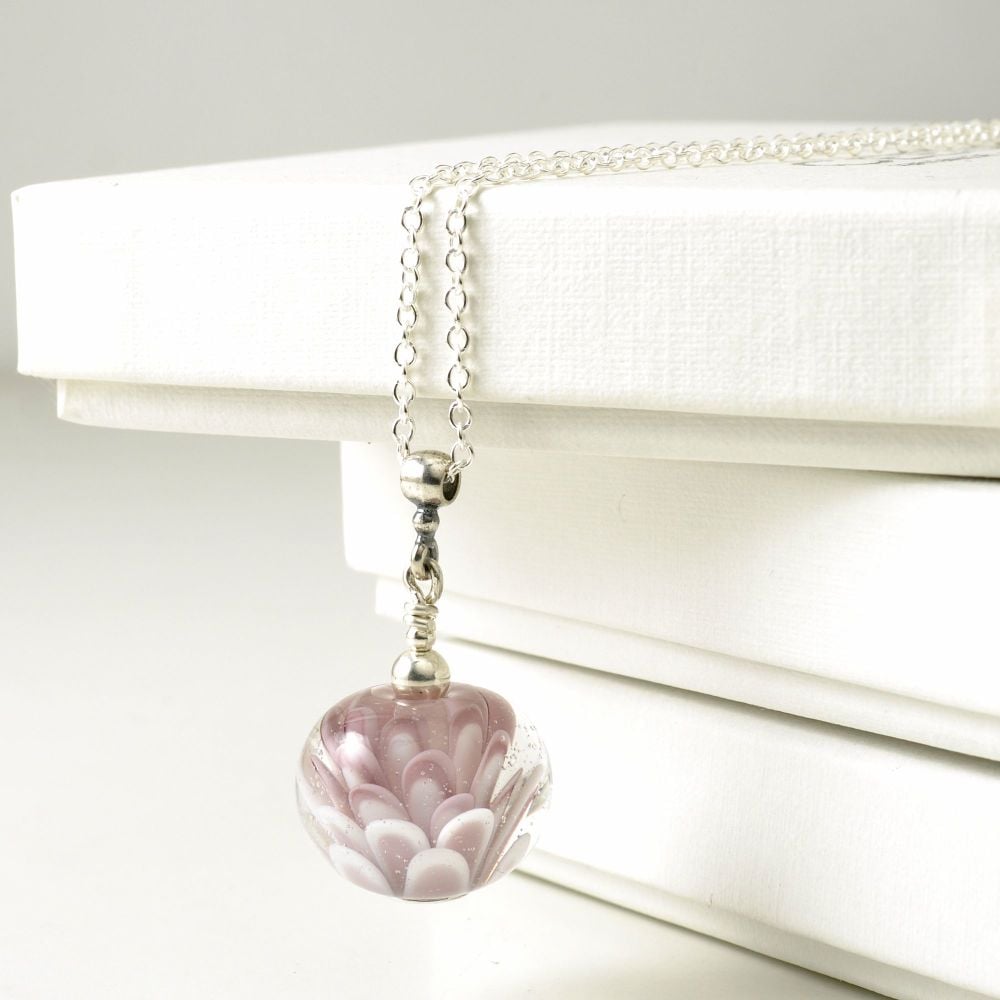 Pink Flower Lampwork Glass and Sterling Silver Necklace