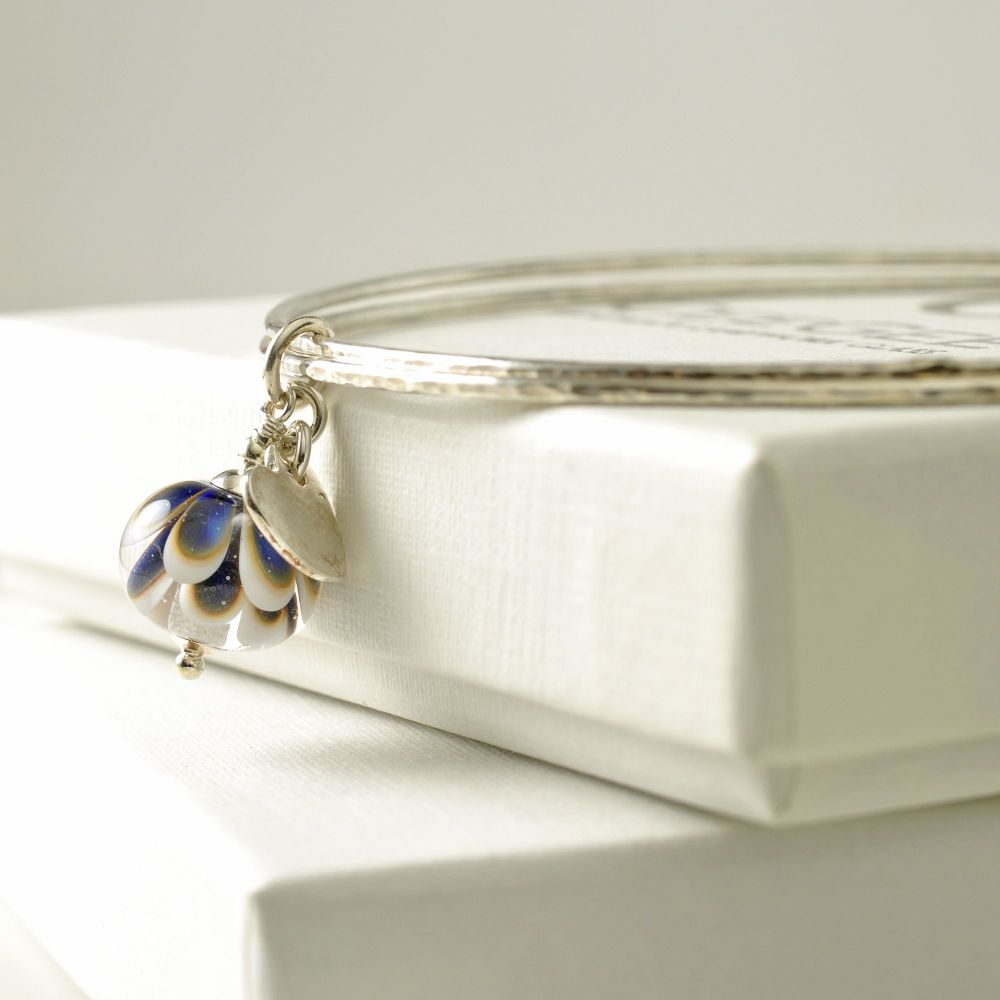 Blue and White Petal Sterling Silver Charm Bangles