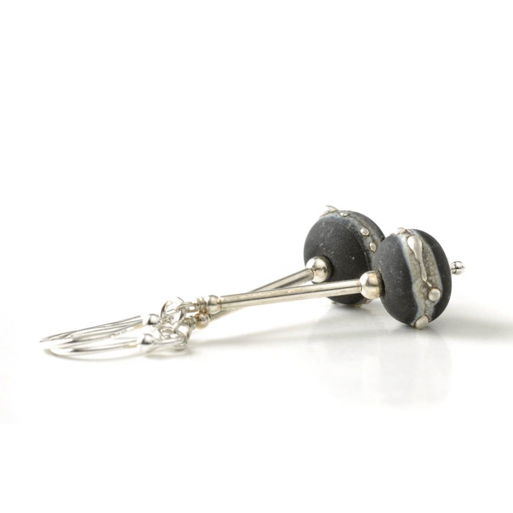 Black Silvered Lampwork Glass Stem Earrings