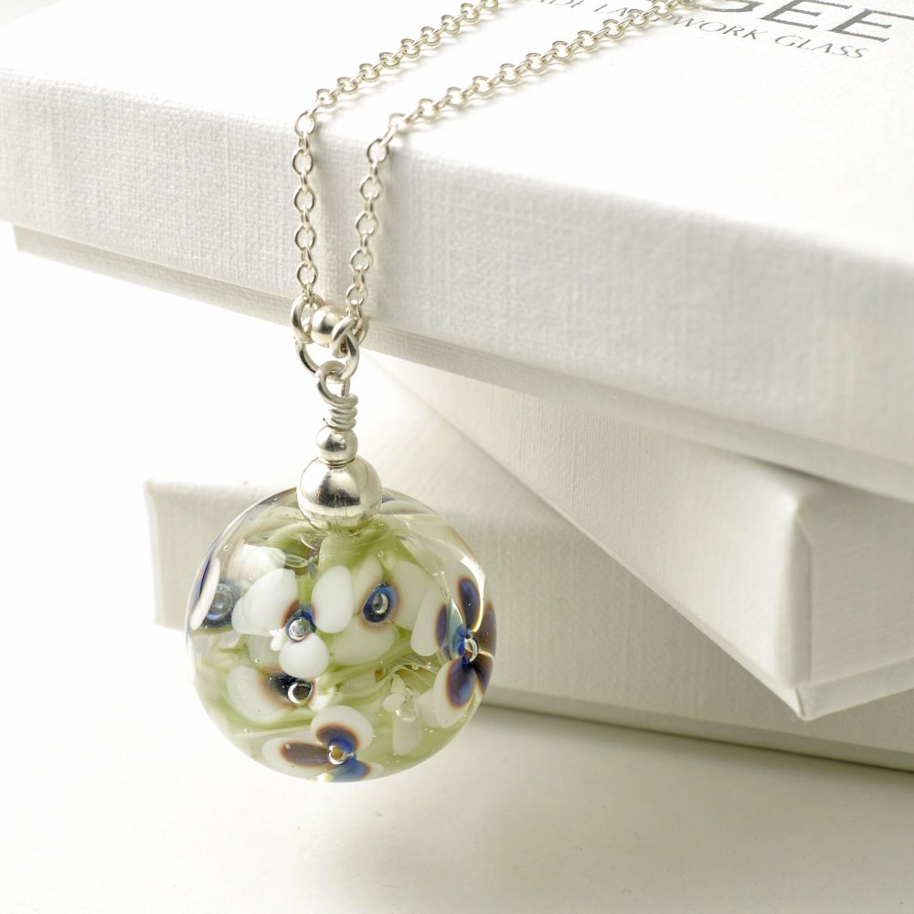 White and Blue Long Glass Flower Necklace