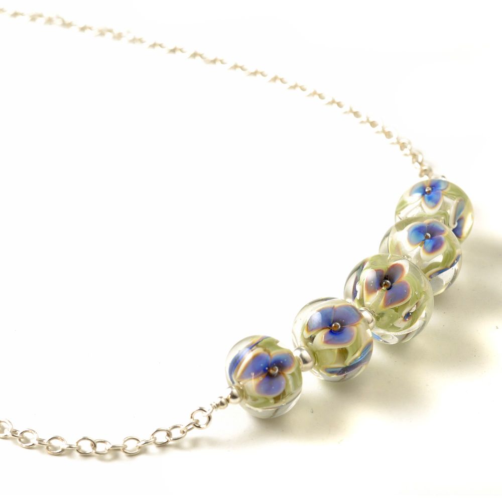 White and Blue Little Glass Flower Necklace