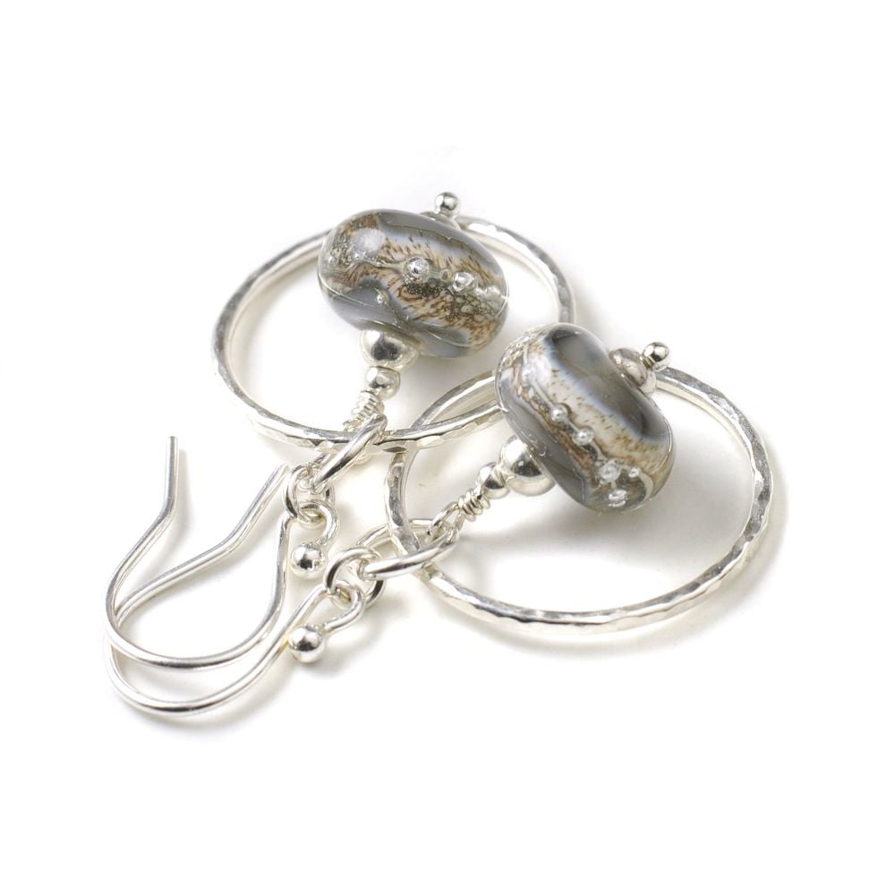 Silver and Grey Lampwork Glass Hoop Earrings
