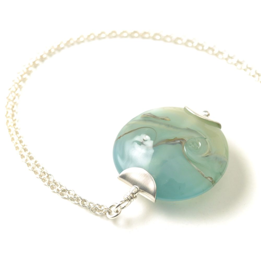 Opaque Aqua Lampwork Glass Pendant Necklace