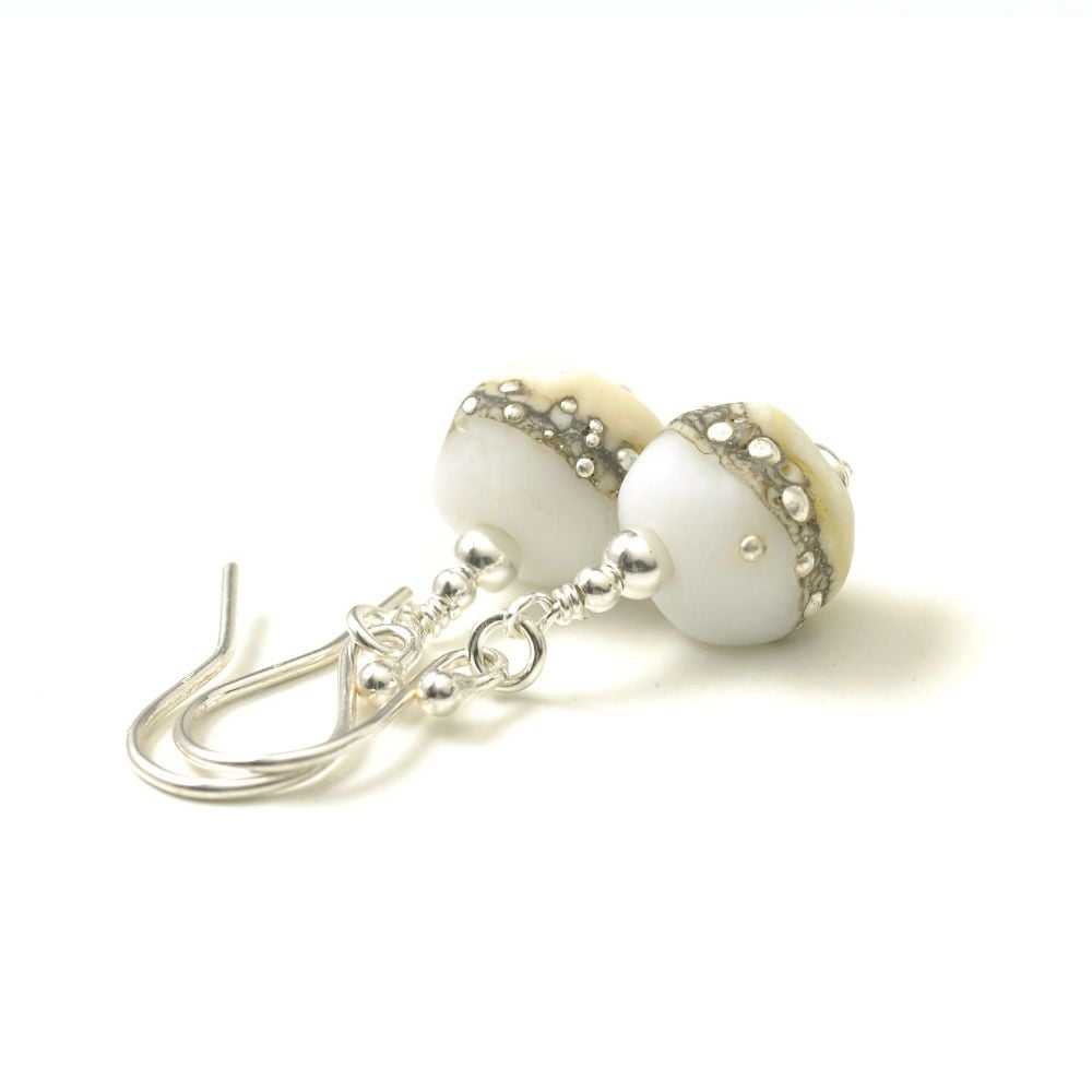 Silver and Ivory Lampwork Glass Nugget Earrings