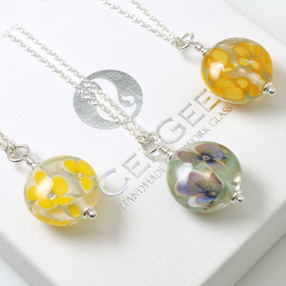 Pressed Floral Lampwork Glass and Sterling Silver Necklace