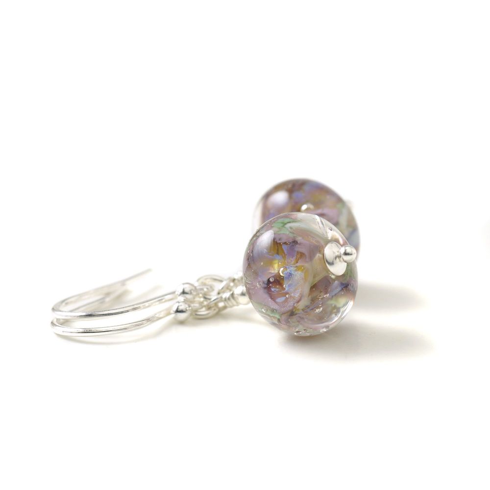 Purple Flowers Sterling Silver Lampwork Glass Earrings