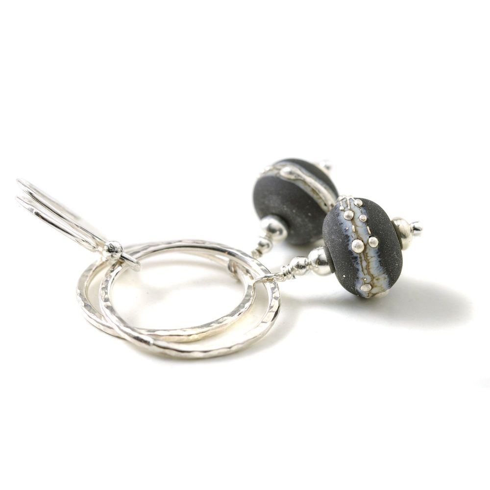 Black Silvered Lampwork Glass Hoop Earrings
