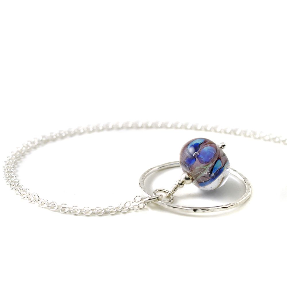 Violet Blue Lampwork Glass Flower and Silver Hoop Necklace