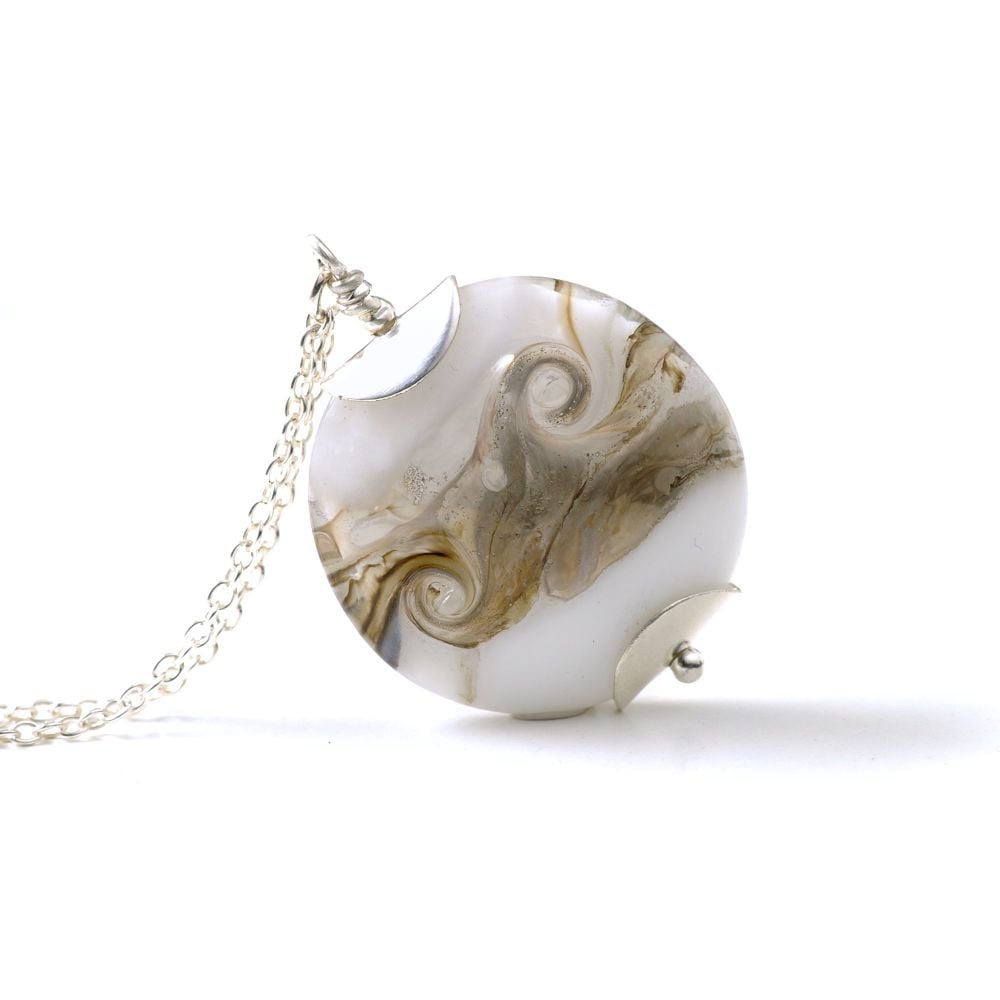 White Smoke Lampwork Glass Pendant Necklace