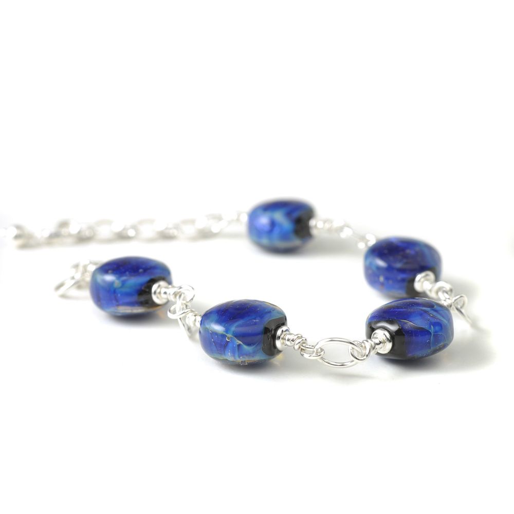 Vivid Blue Handmade Glass and Sterling Silver Bracelet