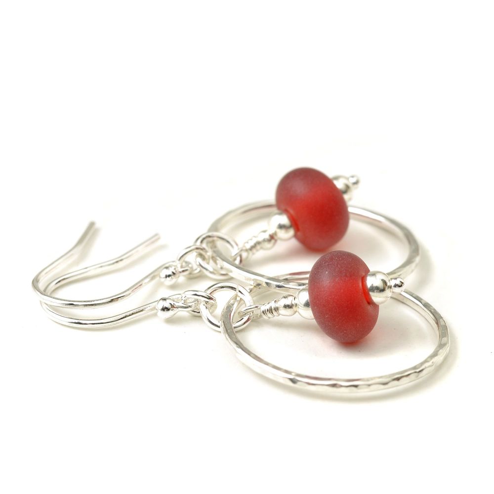 Bright Red Lampwork Glass Hoop Earrings
