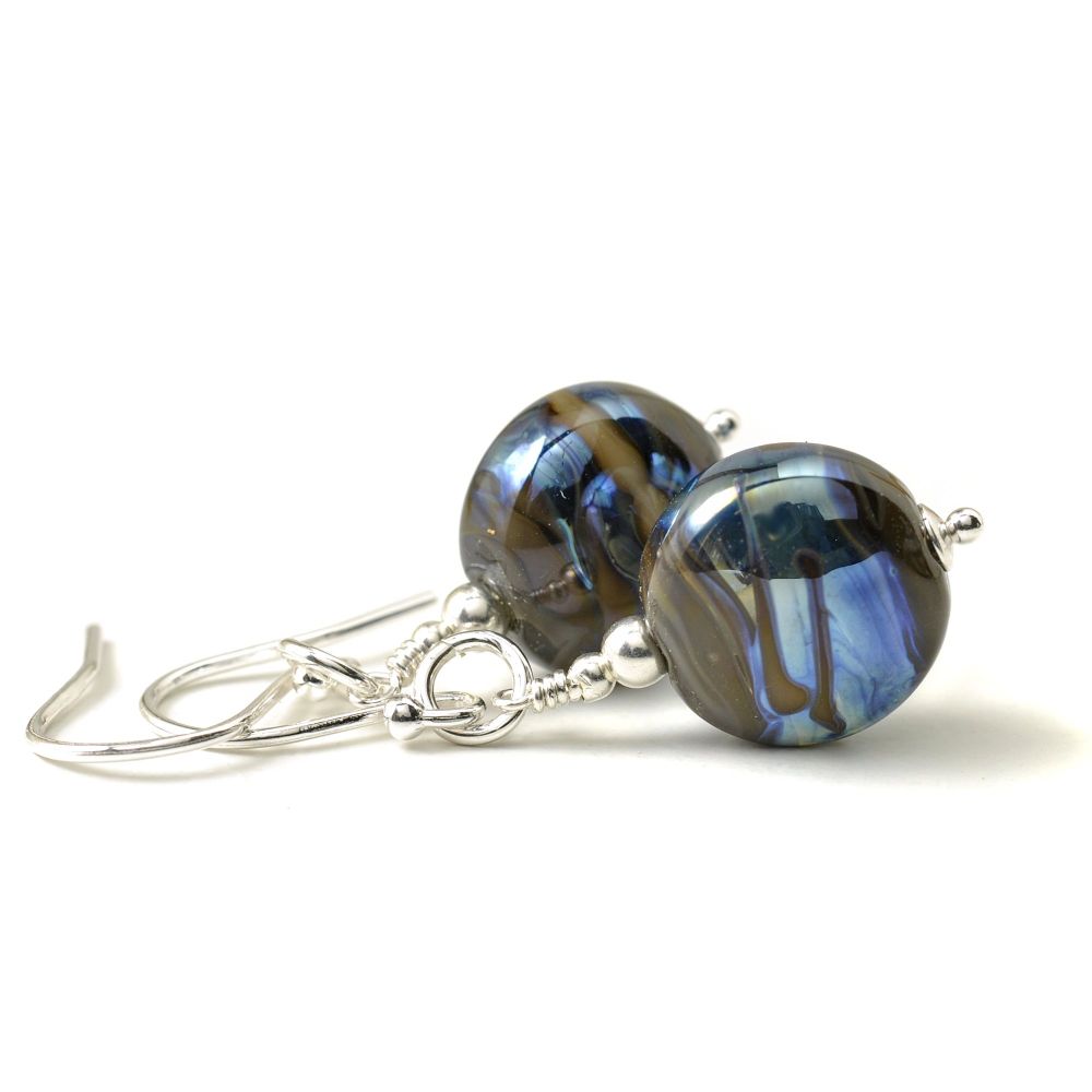 Inky Blue Lampwork Glass and Sterling Silver Earrings