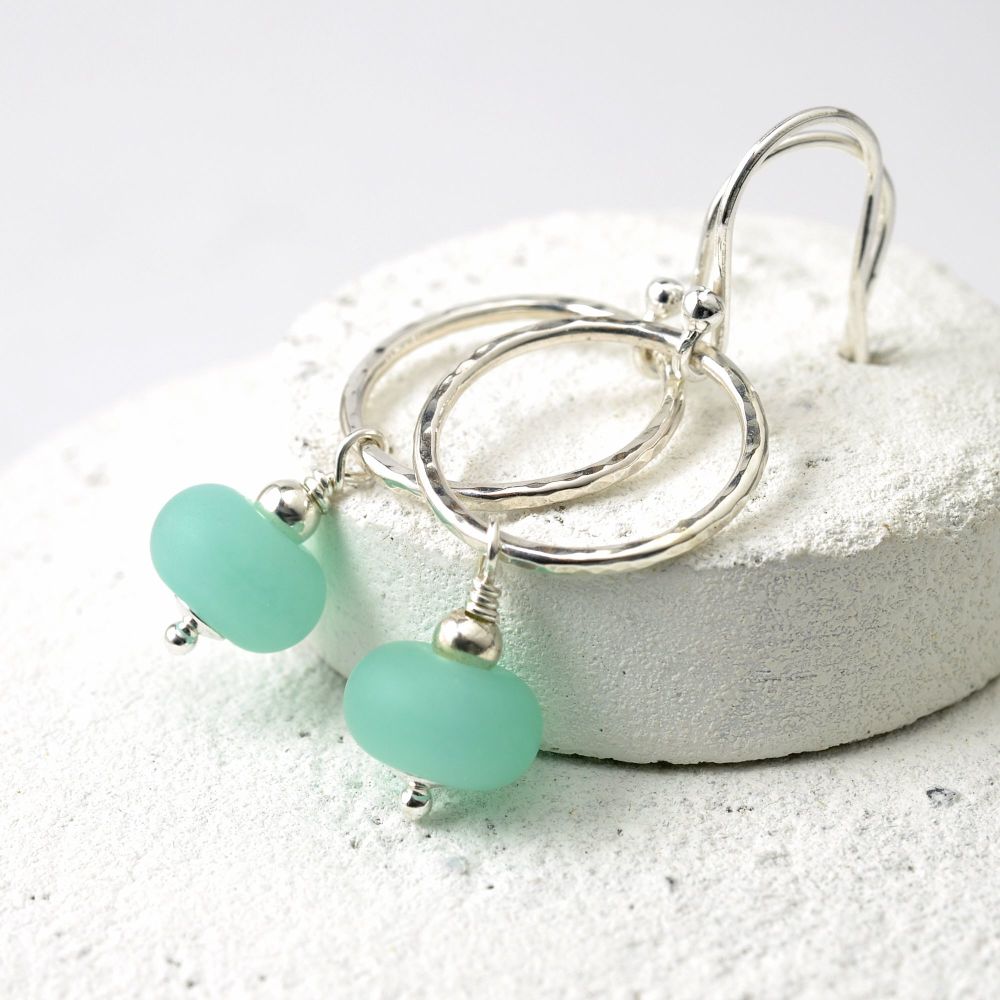 Light Aqua Sea Circle Glass and Sterling Silver Hoop Earrings