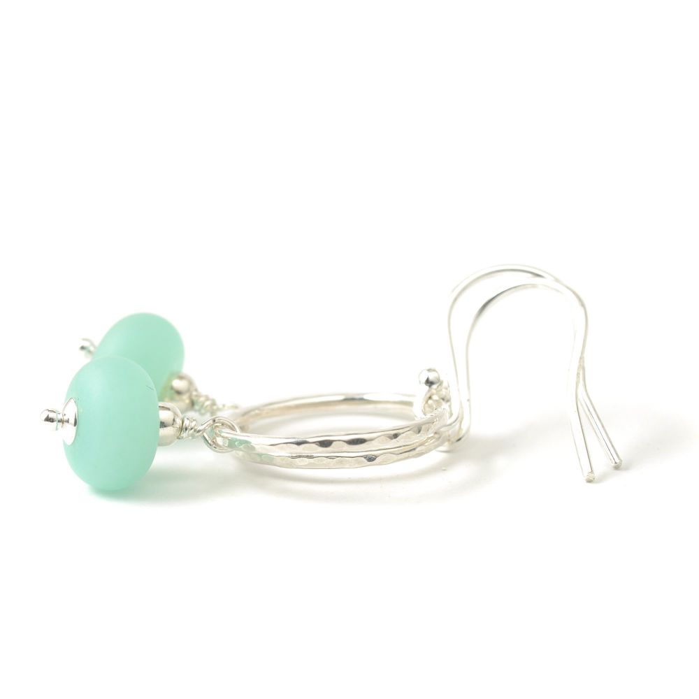 Light Aqua Sea Circle Glass and Sterling Silver Hoop Earrings