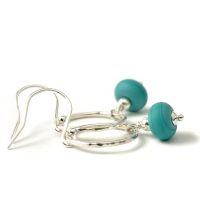 Dark Aqua Sea Circle Glass and Sterling Silver Hoop Earrings