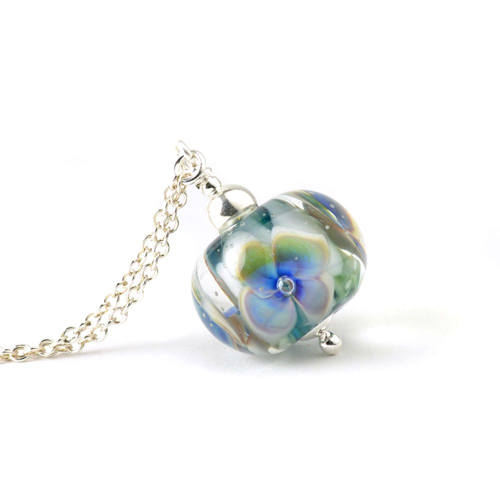 Inky Blue and White Glass Flower Necklace