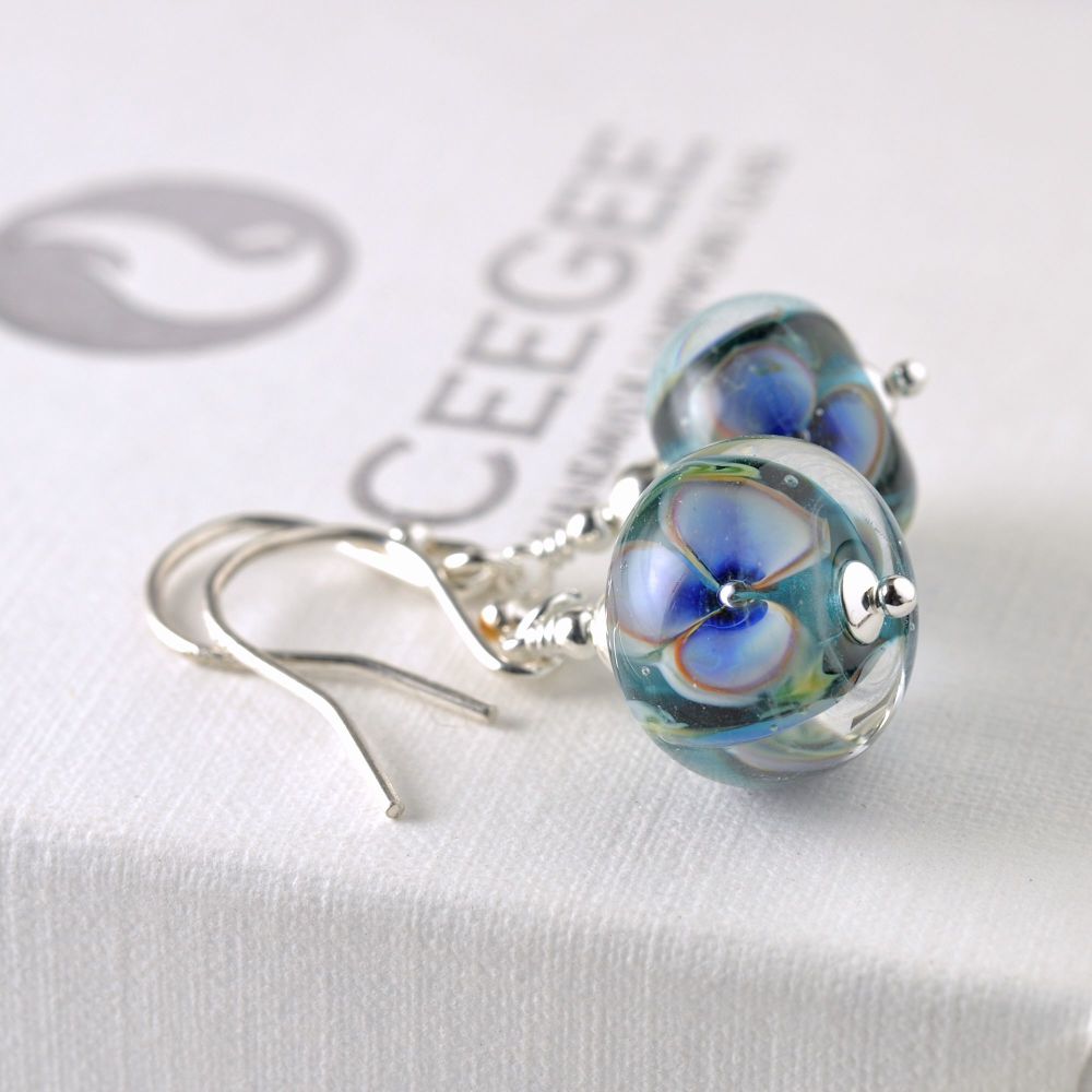 Inky Blue Floral Sterling Silver Lampwork Glass Earrings