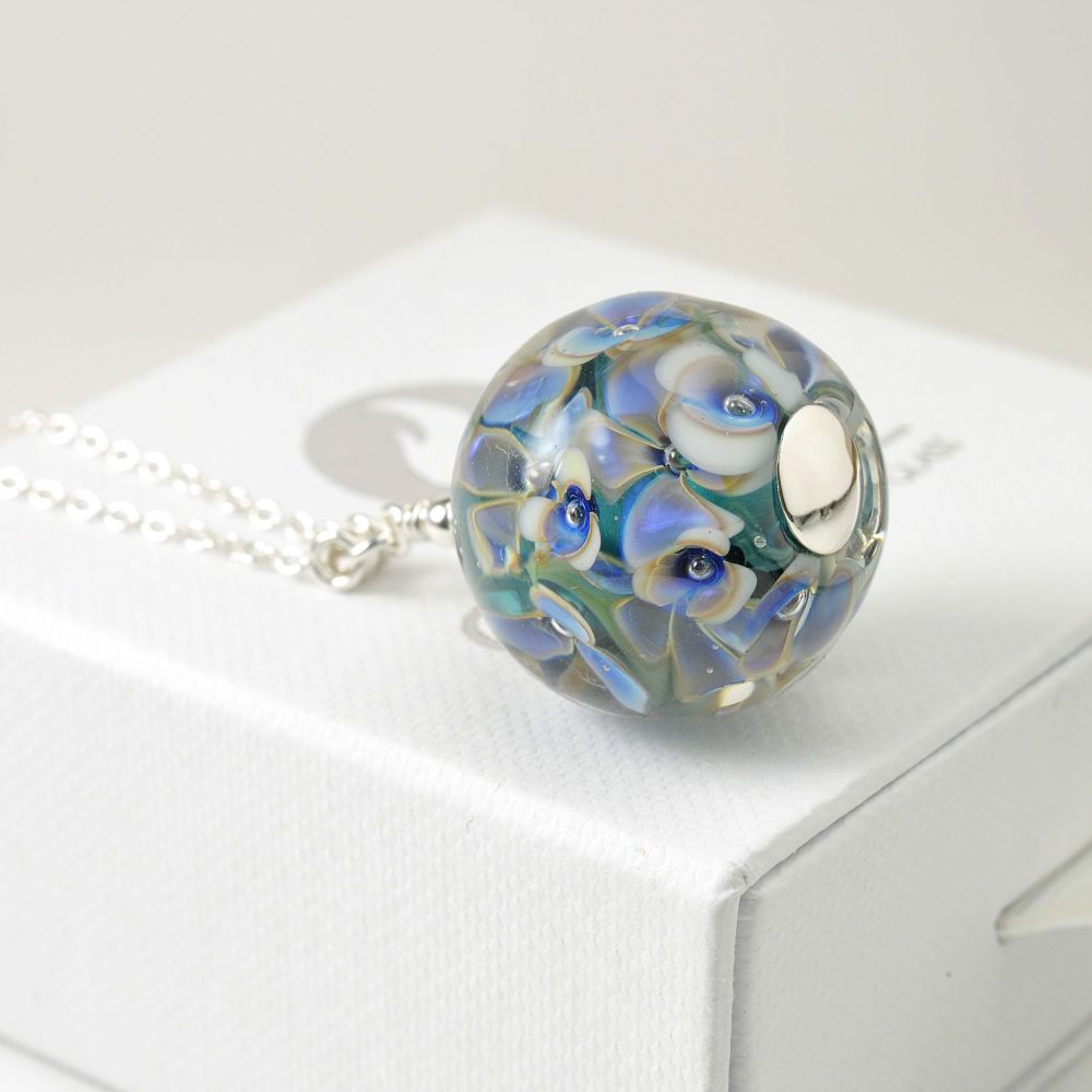 Inky Blue Long Lampwork Glass Flower Necklace