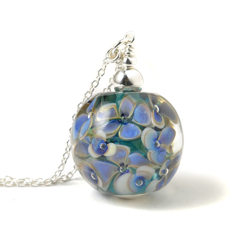 Inky Blue Long Lampwork Glass Flower Necklace