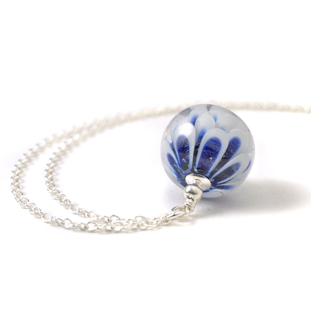 White and Blue Small Lampwork Glass Petal Necklace