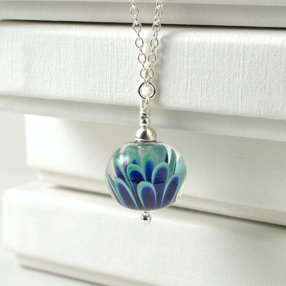 Teal Blue Small Lampwork Glass Petal Necklace