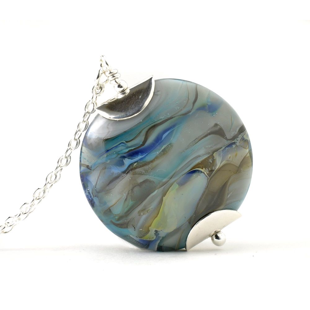 Blue Grey Lampwork Glass Pendant Necklace