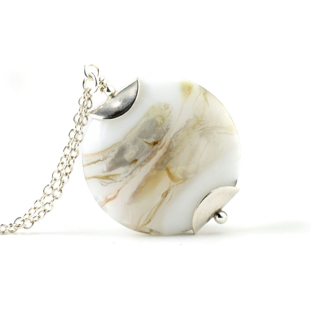 Silvered White Lampwork Glass Pendant Necklace